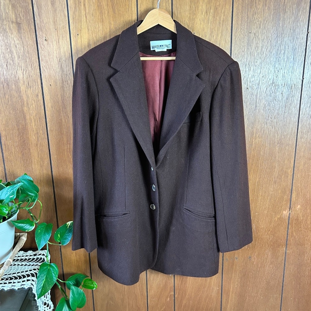 Vintage White Stag Brown 100% Wool Blazer Jacket Womens 16 Style Staple‎ Piece